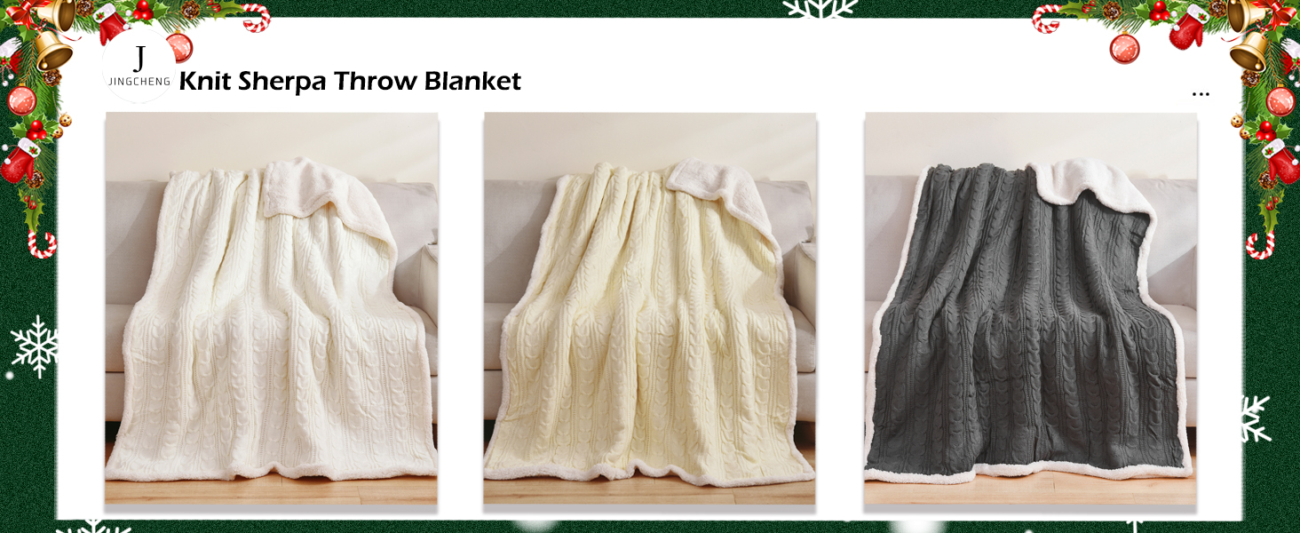 JINGCHENG Cable Knit Sherpa Throw Blanket