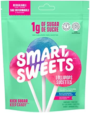 SmartSweets Lollipops, Blue Raspberry & Watermelon, Low Sugar Candy, Plant-Based, Low Calorie Snack, 3oz.
