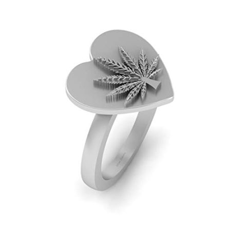 Solid 10k White Gold Marijuana Engagement Ring Cannabis Leaf Marijuana Ring Heart Ring