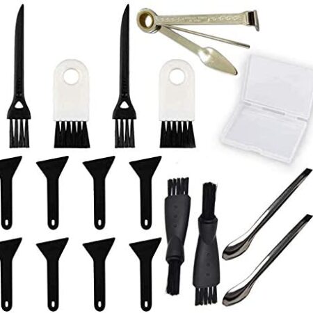 USAGUY Black Scrapers,LoutLivs Brushes and Spoons Kit with 3 in 1 cleaning tool for Herb Grinder(8 Pcs Scrapers,8 Pcs 4 Types of Brushes,2 Spoons and A Storage Box)