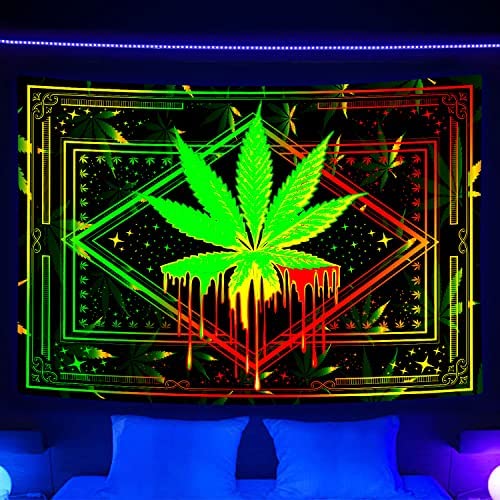 Weed Blacklight Tapestry UV Reactive, Cool Smoking Cannabis Leaf Black Light Trippy Art Poster for Men Room Bedroom Decor, Psychedelic 420 Glow in The Dark Blanket Party Decor